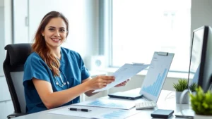 Professional healthcare worker in medical scrubs confidently reviewing financial documents at a modern desk with computer and charts, natural daylight from window, organized workspace, confident expression