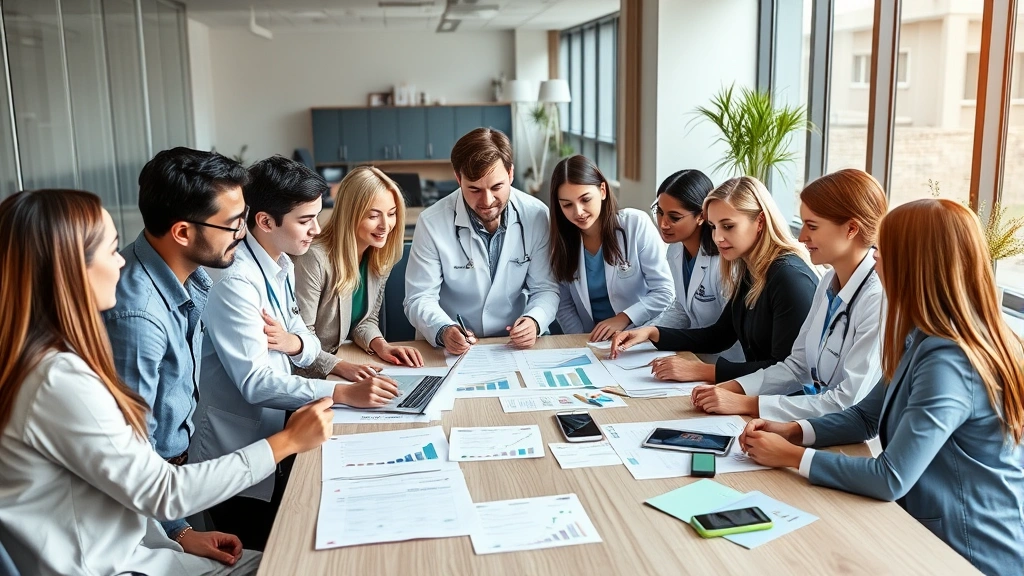 Diverse group of healthcare professionals in business casual attire collaborating around a conference table with financial growth charts and investment portfolios visible, modern office setting, collaborative atmosphere