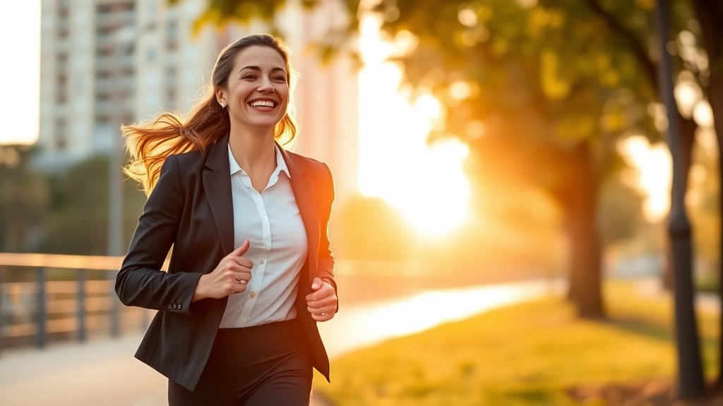 Professional woman in business attire jogging outdoors during sunrise, smiling with energy and confidence, morning light, urban park setting, healthy and successful appearance