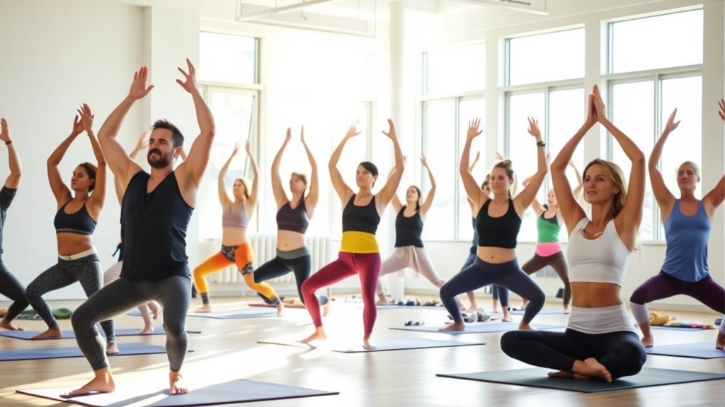 Diverse group of people doing yoga or fitness class in bright modern studio, focused and engaged expressions, natural light streaming through windows, wellness and vitality