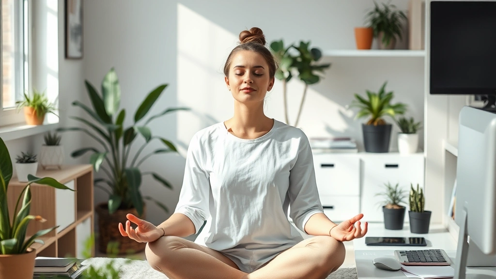 Person meditating peacefully in home office with plants, natural light, organized desk, serene expression, professional yet calm environment representing mental wellness and financial stability