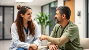 Professional female behavioral health nurse in clinical setting comforting male patient during counseling session, warm compassionate interaction, modern healthcare facility interior