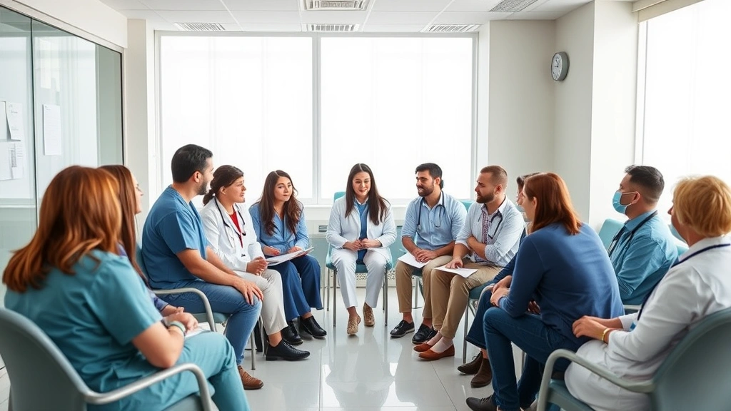 Diverse team of healthcare professionals in psychiatric hospital conference room reviewing patient cases, collaborative clinical environment, modern medical setting with natural lighting