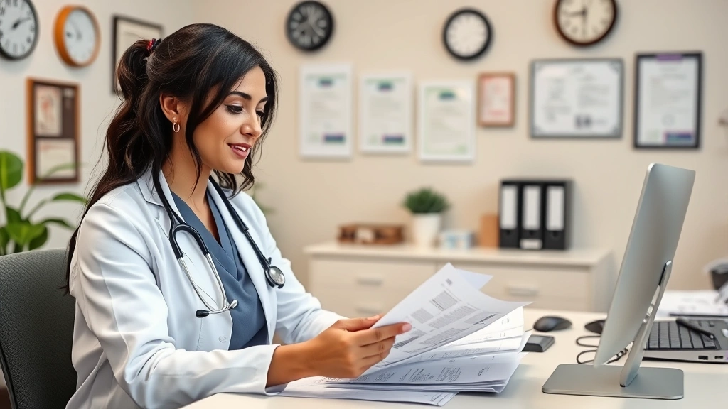 Female nurse practitioner in professional attire reviewing medical records at desk in behavioral health clinic, confident clinical expert, modern healthcare workspace with diplomas and certifications visible