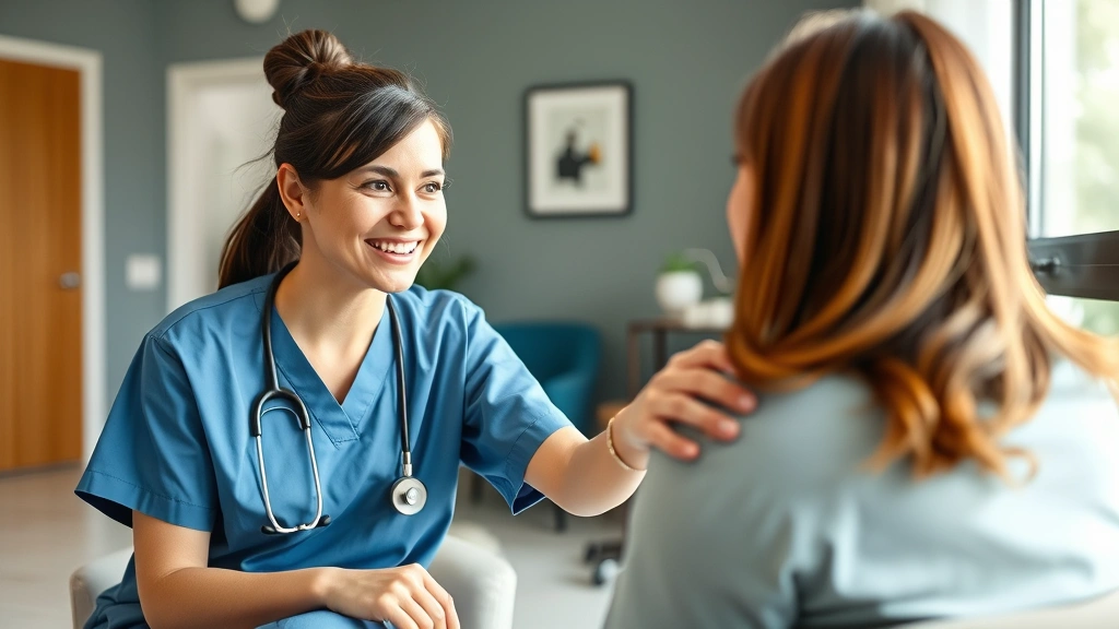 Professional healthcare worker in clinical setting wearing scrubs, sitting with supportive hand on patient's shoulder during therapeutic conversation, warm compassionate expression, modern mental health clinic interior with calming colors, natural lighting, genuine human connection moment