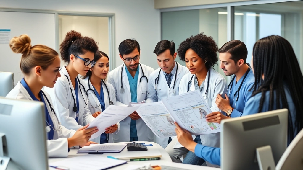 Group of diverse healthcare professionals in hospital conference room reviewing patient charts together, collaborative team environment, clinical setting with computers and medical records, focused engaged expressions, evidence of teamwork and communication
