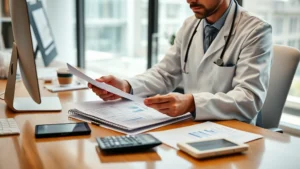 Professional pharmacist in white coat reviewing financial documents and investment portfolio at modern office desk with computer, papers, and calculator