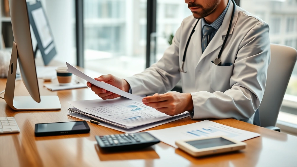 Professional pharmacist in white coat reviewing financial documents and investment portfolio at modern office desk with computer, papers, and calculator