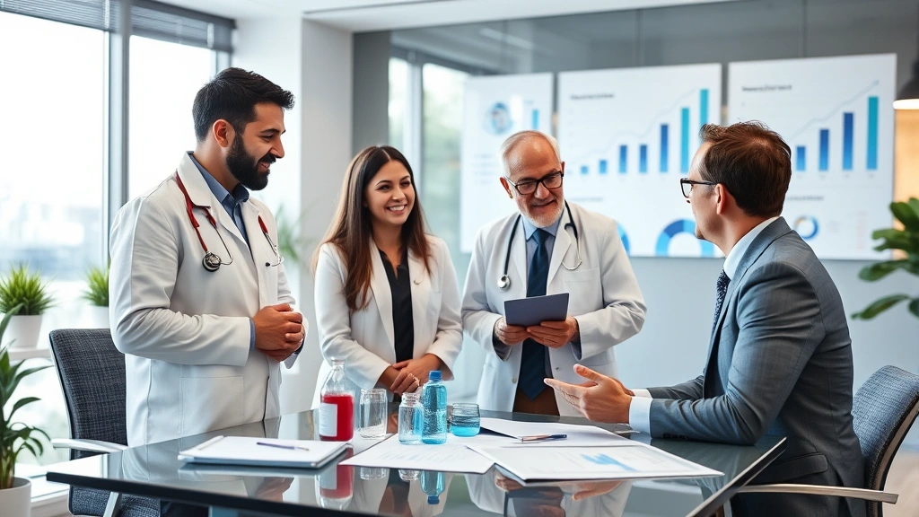 Diverse healthcare professionals including pharmacist discussing retirement planning with financial advisor in modern consulting office with charts and growth graphs