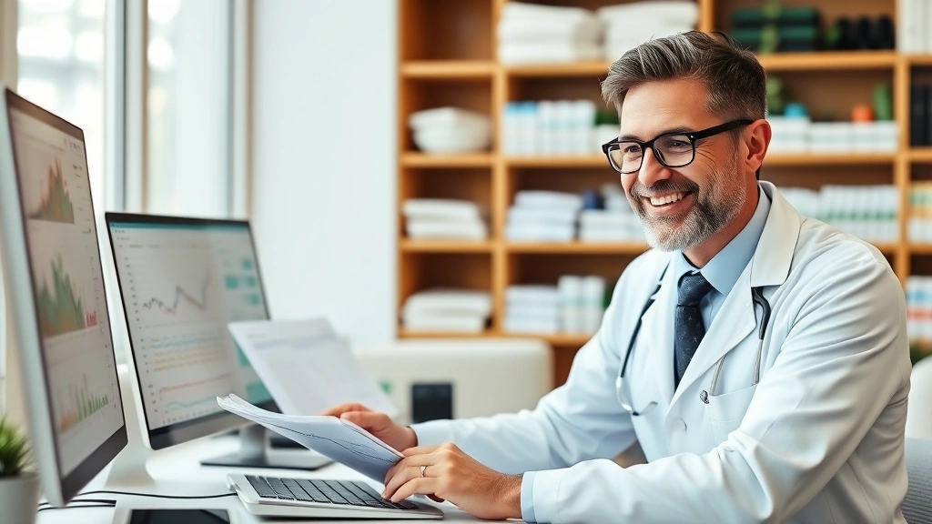 Pharmacist confidently reviewing long-term wealth building strategy with spreadsheets, retirement accounts, and investment performance data on desktop