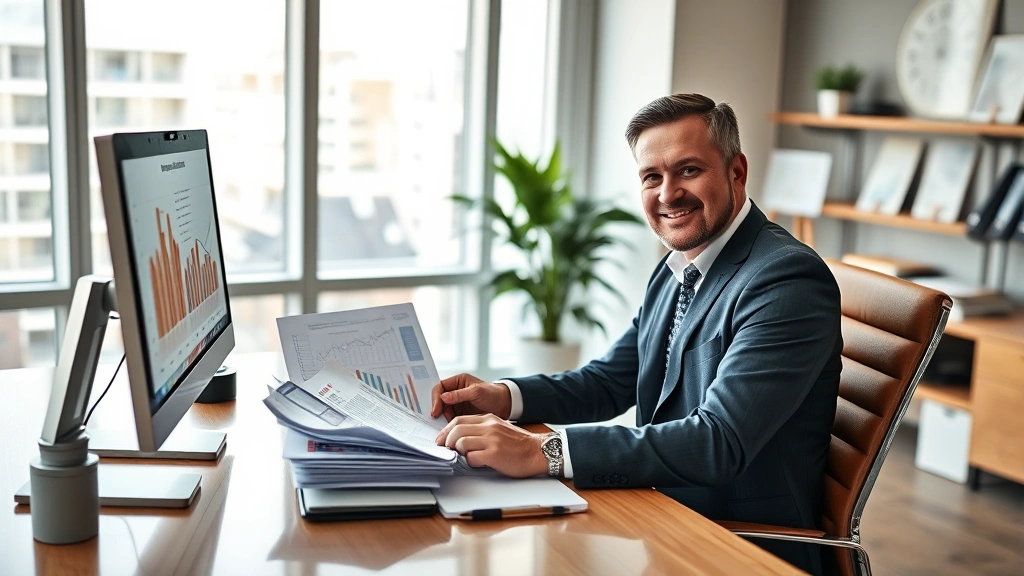 Professional real estate investor reviewing property documents and financial spreadsheets at modern office desk with computer, confident expression, natural daylight from windows