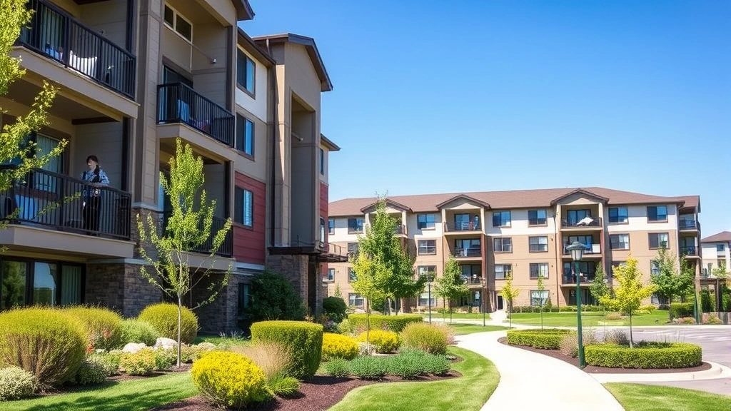 Residential apartment building exterior with well-maintained landscaping, clear blue sky, modern architectural style, tenants visible on balconies, prosperous neighborhood setting