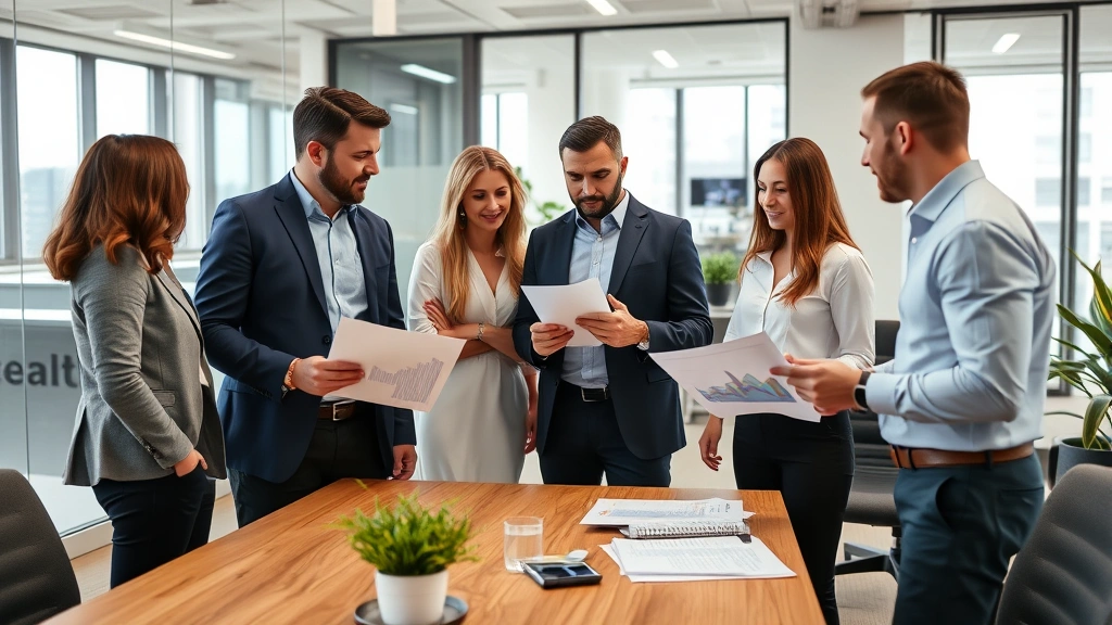 Diverse team of property managers and real estate professionals in modern office discussing market strategies, holding charts and analytics, collaborative workspace environment