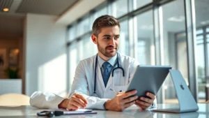 Professional healthcare worker at modern hospital desk using tablet computer to access employee portal, focused expression, natural office lighting, clinical environment, wealth management concept