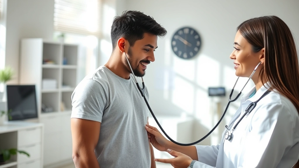 Professional healthcare provider conducting a physical examination on a young person in a bright medical office, checking vital signs with stethoscope, caring and professional atmosphere, natural lighting