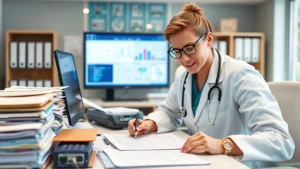 Professional medical professional reviewing health documentation at desk with organized files and digital health records system visible in background