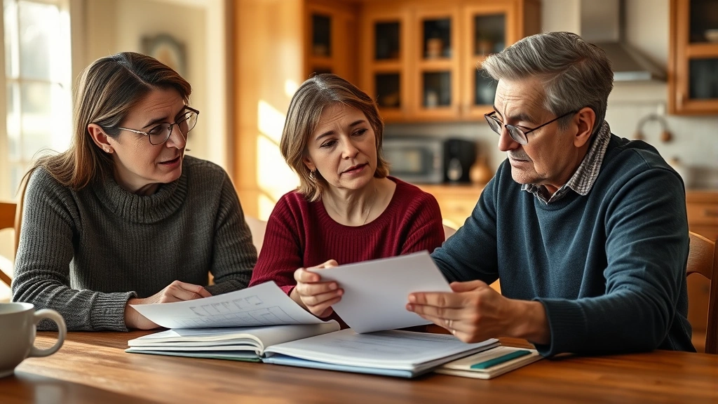 Parents sitting at kitchen table reviewing medical documents and forms together with concerned but focused expressions, family home setting, warm natural lighting