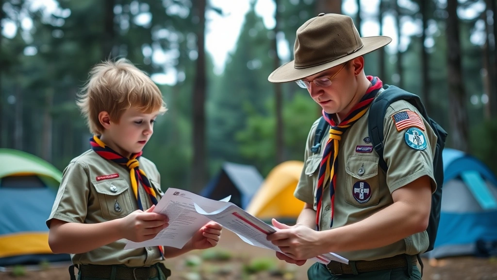 Scout leader and scout in outdoor camping setting reviewing papers and medical information, both engaged and discussing safety procedures, forested background with tents visible