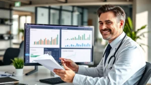 Professional healthcare worker in modern office environment reviewing financial documents and investment portfolio on computer screen, confident expression, natural lighting, contemporary workspace