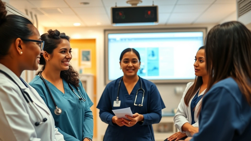 Diverse group of healthcare professionals in clinical setting discussing career advancement and financial planning, collaborative atmosphere, hospital background, warm professional lighting