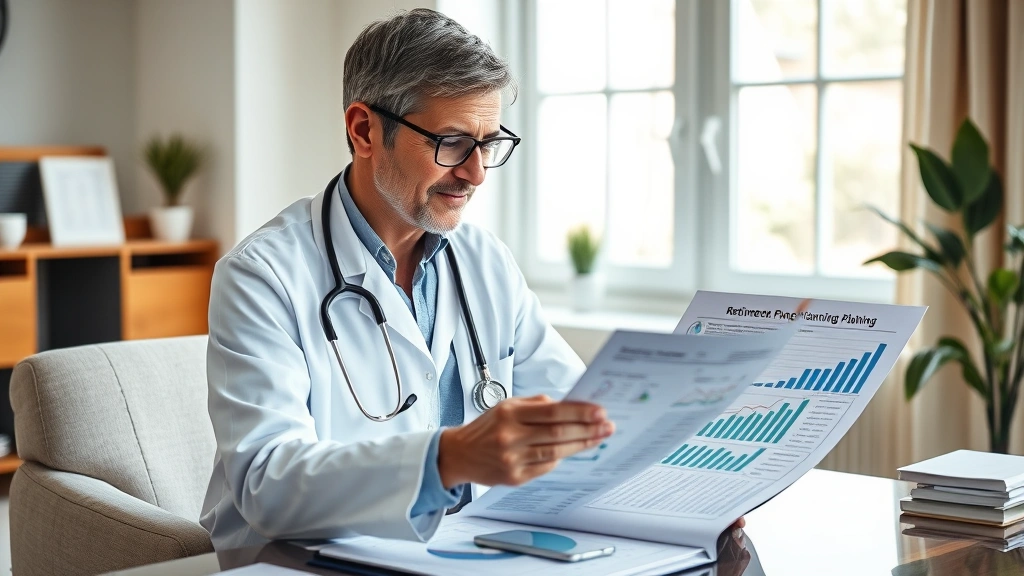 Healthcare professional reviewing retirement planning documents with organized charts and financial growth visualization, home office setting, natural window light, professional yet comfortable environment