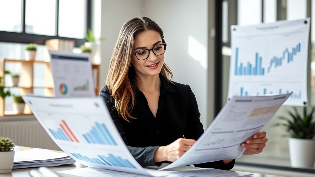 Professional woman in modern office reviewing financial documents and wellness charts, confident expression, natural lighting, contemporary workspace