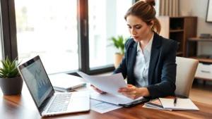 Professional woman reviewing financial documents and investment portfolio at modern home office desk with laptop and financial charts visible