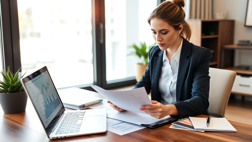 Professional woman reviewing financial documents and investment portfolio at modern home office desk with laptop and financial charts visible