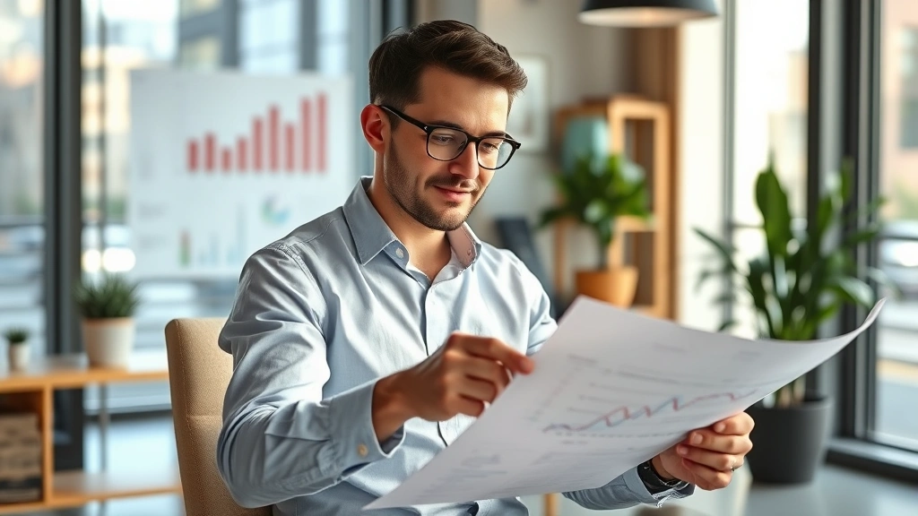 Prosperous professional in modern office reviewing financial charts and investment documents, confident expression, natural lighting, wealth planning atmosphere