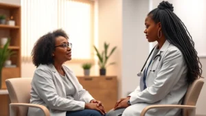 Professional healthcare provider in white coat conducting patient consultation in modern clinic office, warm lighting, stethoscope visible, patient sitting comfortably, inclusive diverse representation, photorealistic