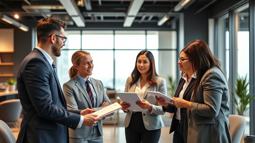 Diverse group of successful professionals in business attire discussing financial planning and wealth strategy in contemporary office environment
