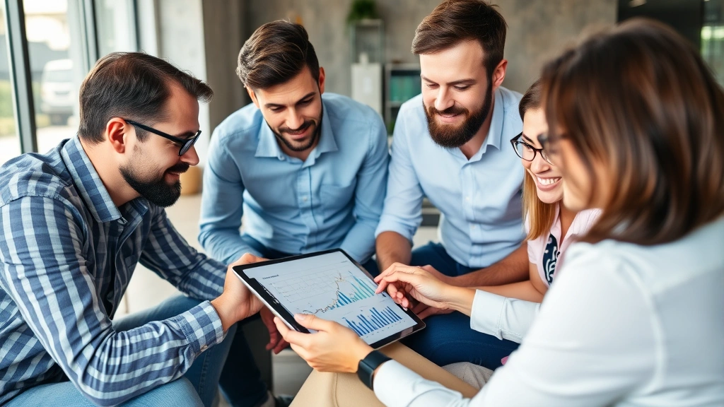 Diverse group of people analyzing investment portfolio on tablet and laptop, collaborative wealth building, casual business setting, focused determination