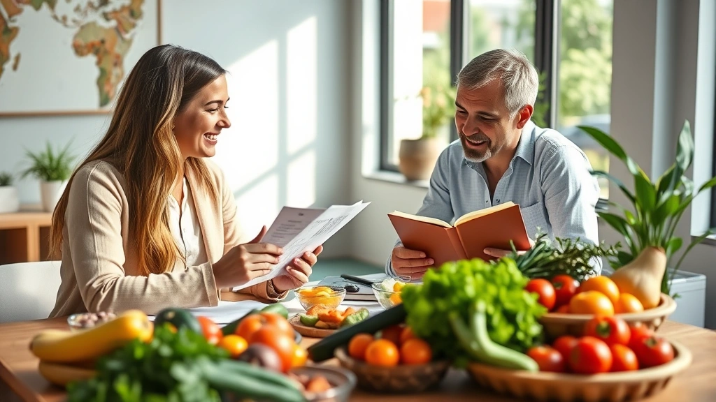 Nutritionist or wellness counselor reviewing healthy meal plans and food options with client at table, fresh vegetables and fruits displayed, bright natural lighting, positive interaction, professional office setting, photorealistic