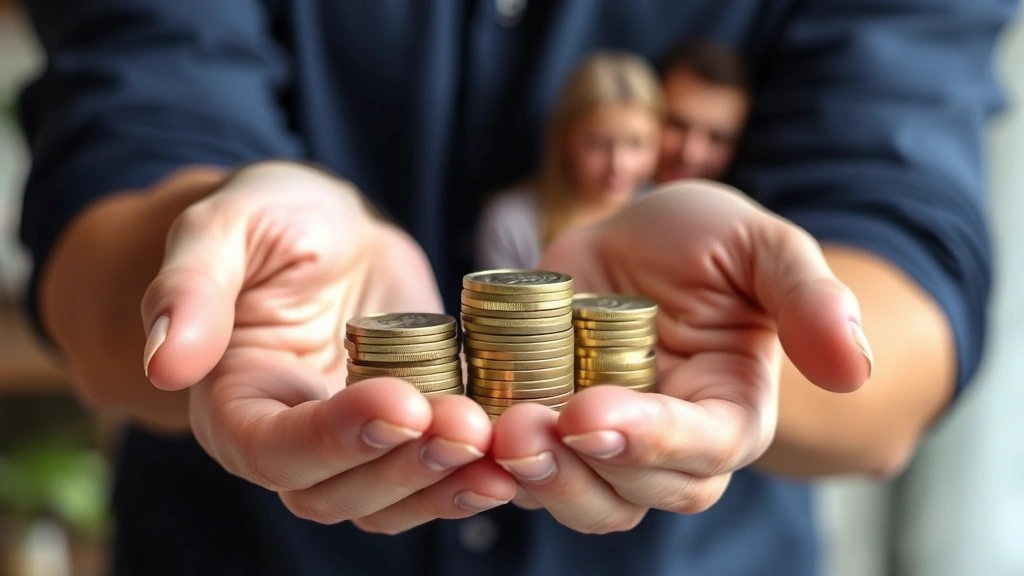 Close-up of hands holding coins and stacking them showing financial growth, with blurred background of home and family photos representing security