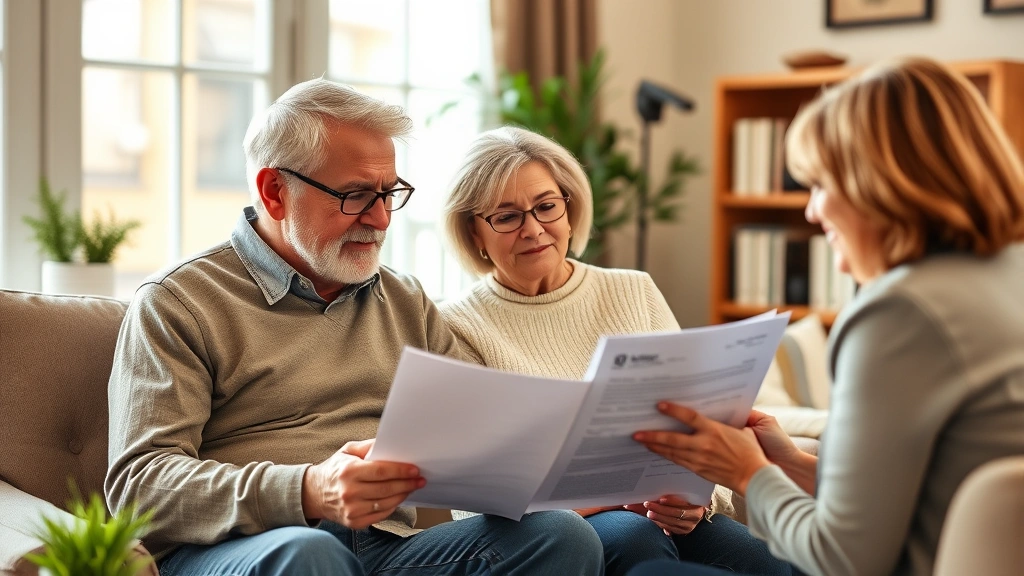 Retirement-aged couple reviewing financial documents with advisor in comfortable home office, peaceful expression, legacy planning, warm natural light