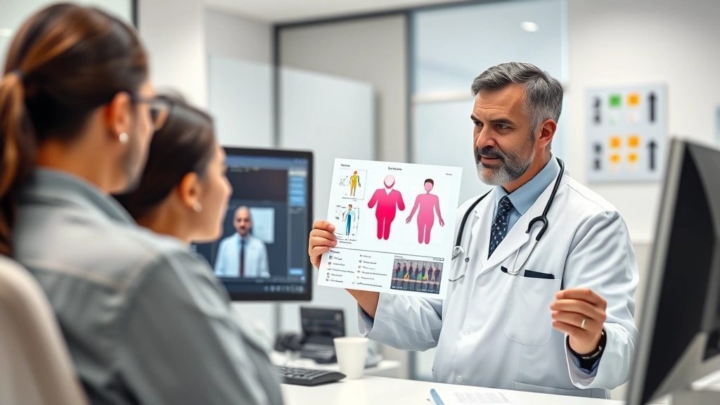 Medical professional reviewing health assessment results with patient, modern medical office background, computer screen visible, collaborative discussion, diverse representation, professional healthcare environment, photorealistic