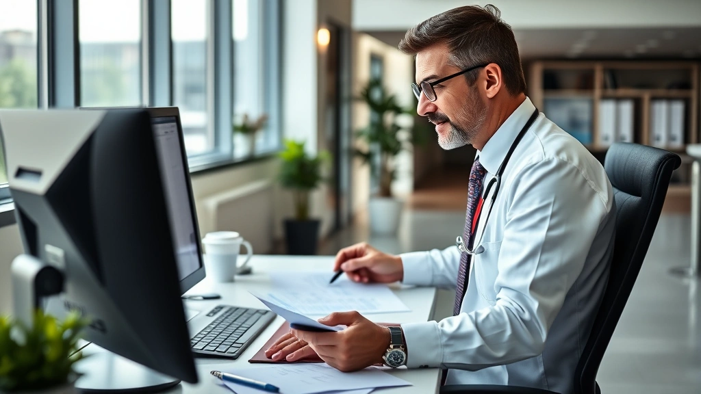 Professional healthcare administrator in modern hospital office reviewing financial documents and investment portfolio on computer, natural lighting, confident expression, modern workspace with healthcare industry elements visible