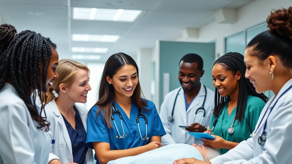 Diverse group of healthcare professionals in clinical setting collaborating on patient care, hospital background, showing teamwork and professional environment that supports wealth-building careers