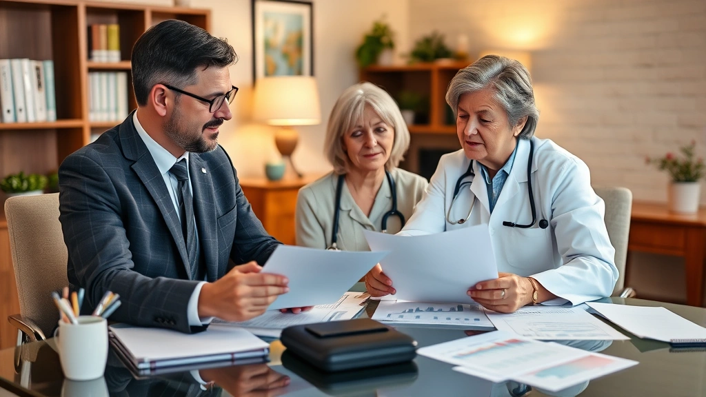 Financial advisor meeting with healthcare professional couple at desk reviewing retirement planning documents and investment strategy, warm office environment, charts and growth graphs visible