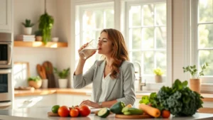 Professional woman in her 30s drinking fresh water from glass in bright Carolina kitchen with natural sunlight streaming through windows, healthy vegetables on counter