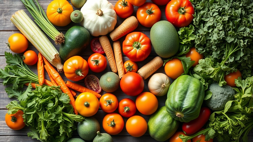 Overhead view of colorful fresh vegetables and fruits arranged on wooden surface, vibrant greens and oranges, natural daylight, no text or labels visible