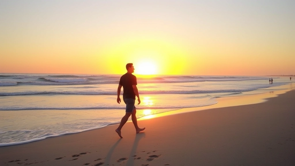 Man walking barefoot on sandy Carolina beach at sunset, peaceful expression, ocean waves in background, serene wellness atmosphere, no people in background