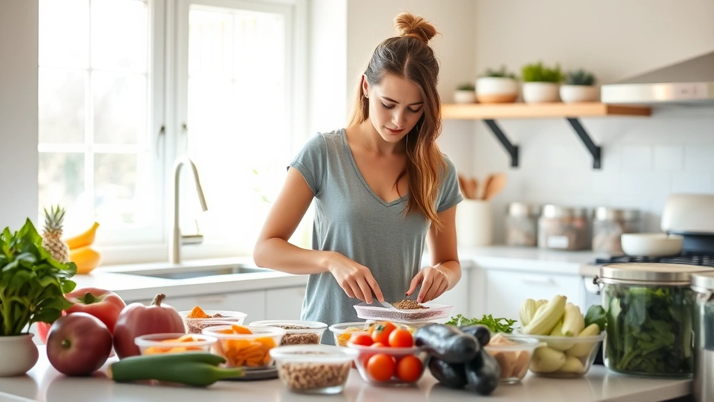 Person meal prepping healthy foods in bright kitchen with fresh vegetables, whole grains, and lean proteins visible on counter, organized containers, natural daylight streaming through windows, peaceful and deliberate atmosphere