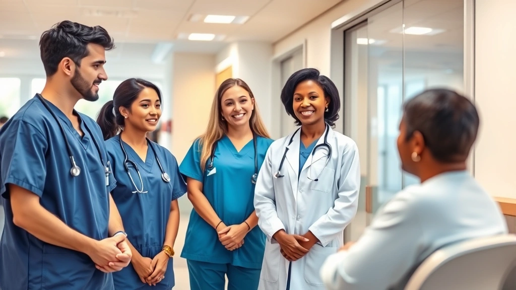 Professional diverse healthcare team in modern medical clinic, doctors and nurses wearing scrubs consulting with patients in bright wellness center, warm lighting emphasizing care and trust, no text visible