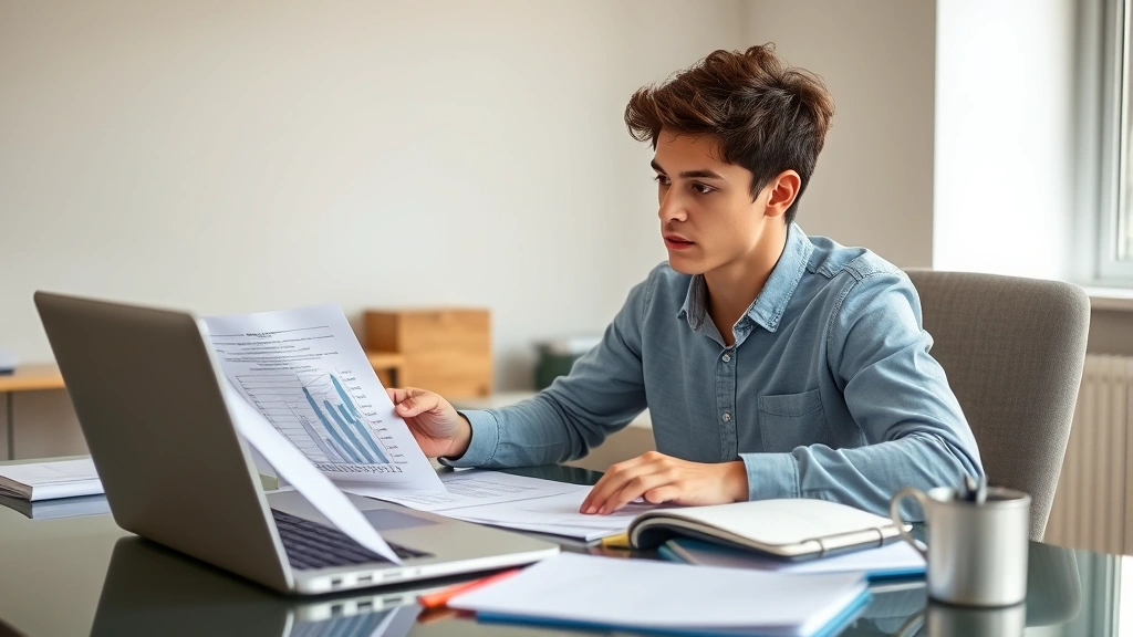 Young professional at modern desk reviewing financial documents and healthcare paperwork, organized workspace with laptop and notes, focused expression planning healthcare and finances, natural office lighting, no visible text on papers