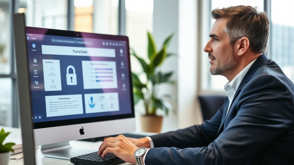 Professional financial advisor reviewing security protocols on computer screen in modern office environment, confident expression, wealth protection concept