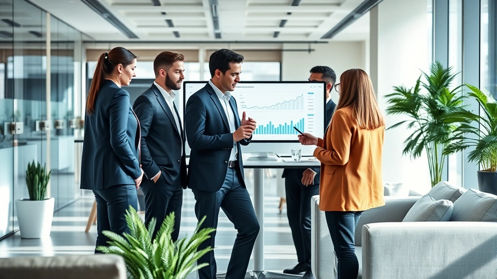 Diverse team of financial professionals in contemporary office space collaborating around digital display showing investment charts and analytics, bright natural lighting, modern furniture, calm professional atmosphere