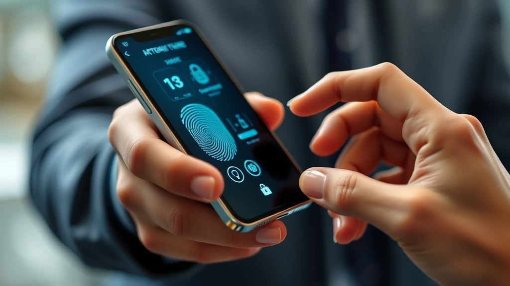 Person using smartphone with biometric fingerprint authentication, secure digital transaction display, modern fintech security visualization