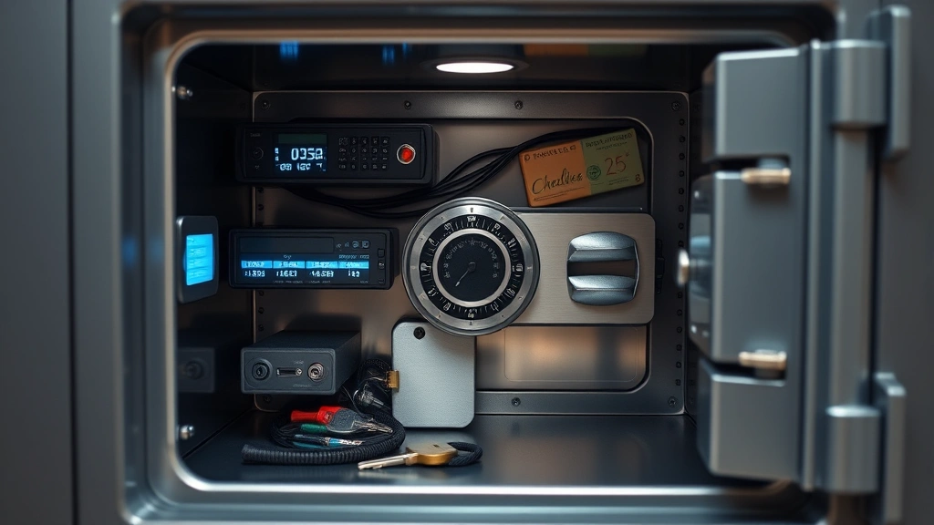 Safe deposit box interior with encrypted devices and security keys, organized personal finance protection setup, wealth preservation imagery