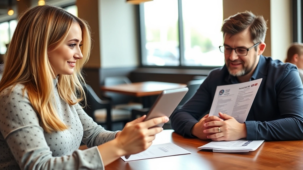 Confident customer reviewing health inspection documents on tablet at restaurant table, checking ratings and records, modern casual dining interior, natural window lighting, informed consumer